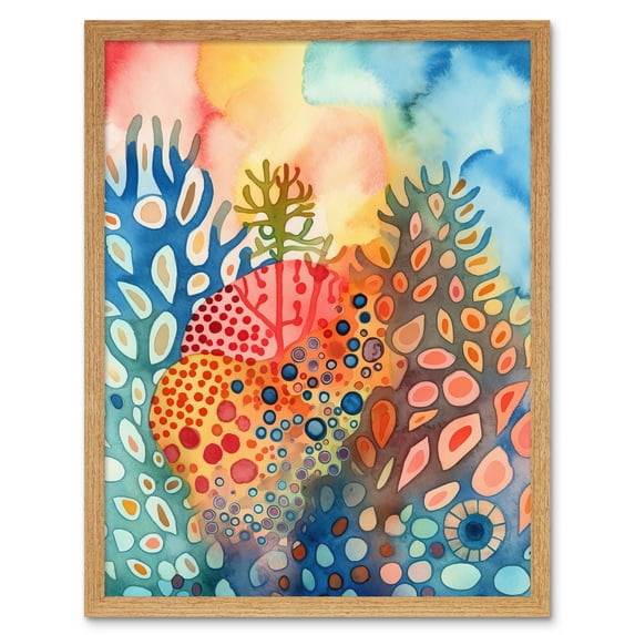 Coral Reef Folk Art Watercolour Painting Art Print Framed Poster Wall Decor 12x16 inch