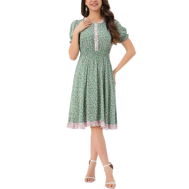 INSPIRAR CHIC Vestido de Flores para Mujeres con Cuello Volante, Cintura Fruncida, Manga Corta, Talla XL, Verde Claro