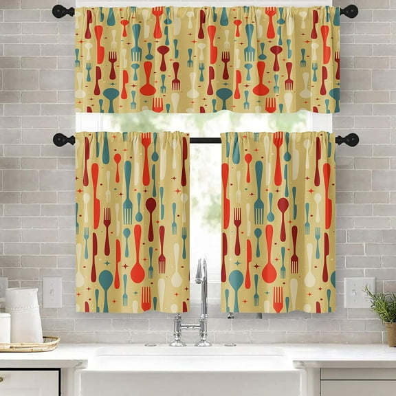 Vintage Yellow Kitchen Curtains Knife and Forks Window Curtains Valance and Tier Set 36 Inch, Rustic Rod Pocket Short Tier Curtain for Bathroom, Cartoon Small Cafe Curtains for Kitchen Decor