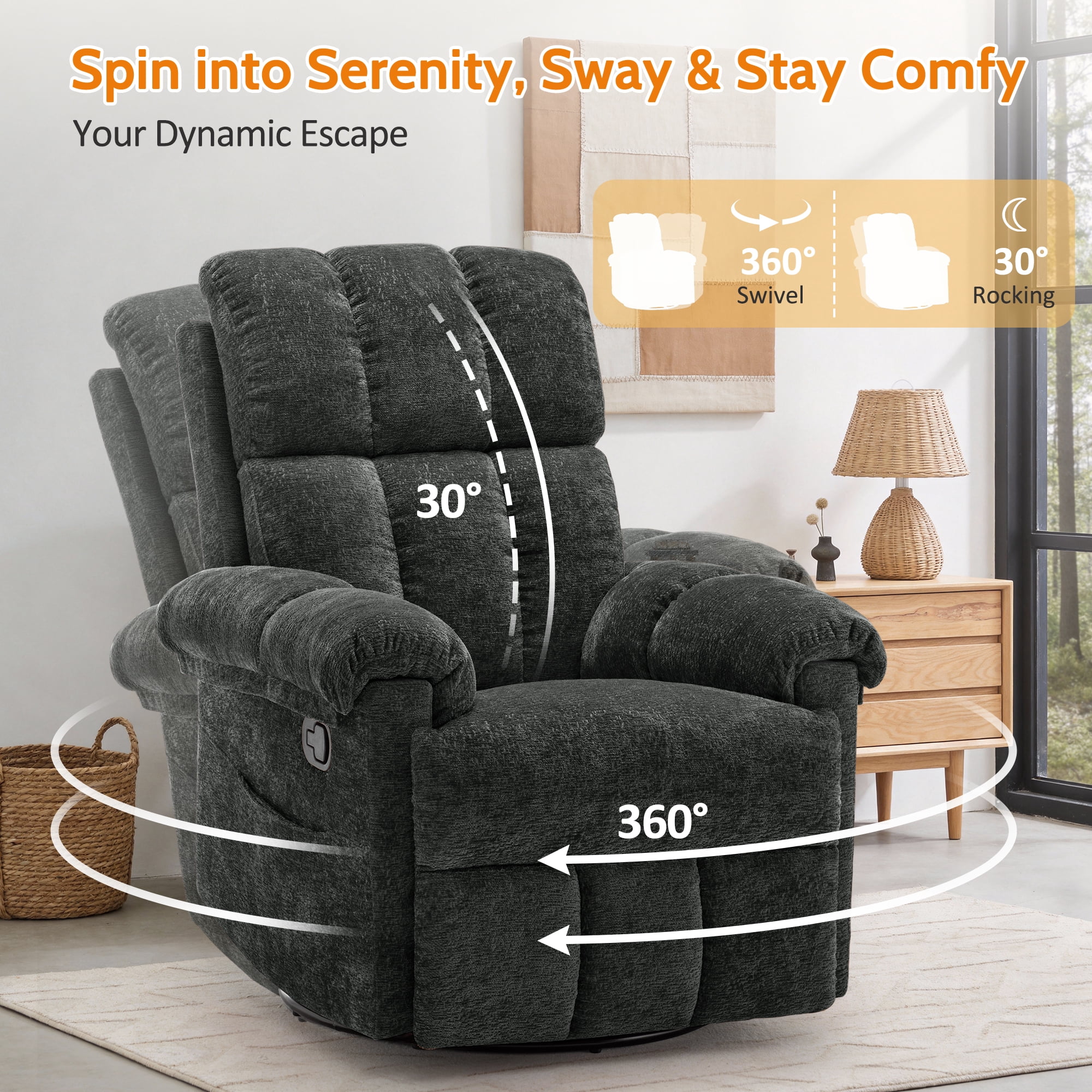 Korser Small Recliners for Small Spaces,Swivel Rocker Recliner Chair with Side Pockets for Living Room,Black