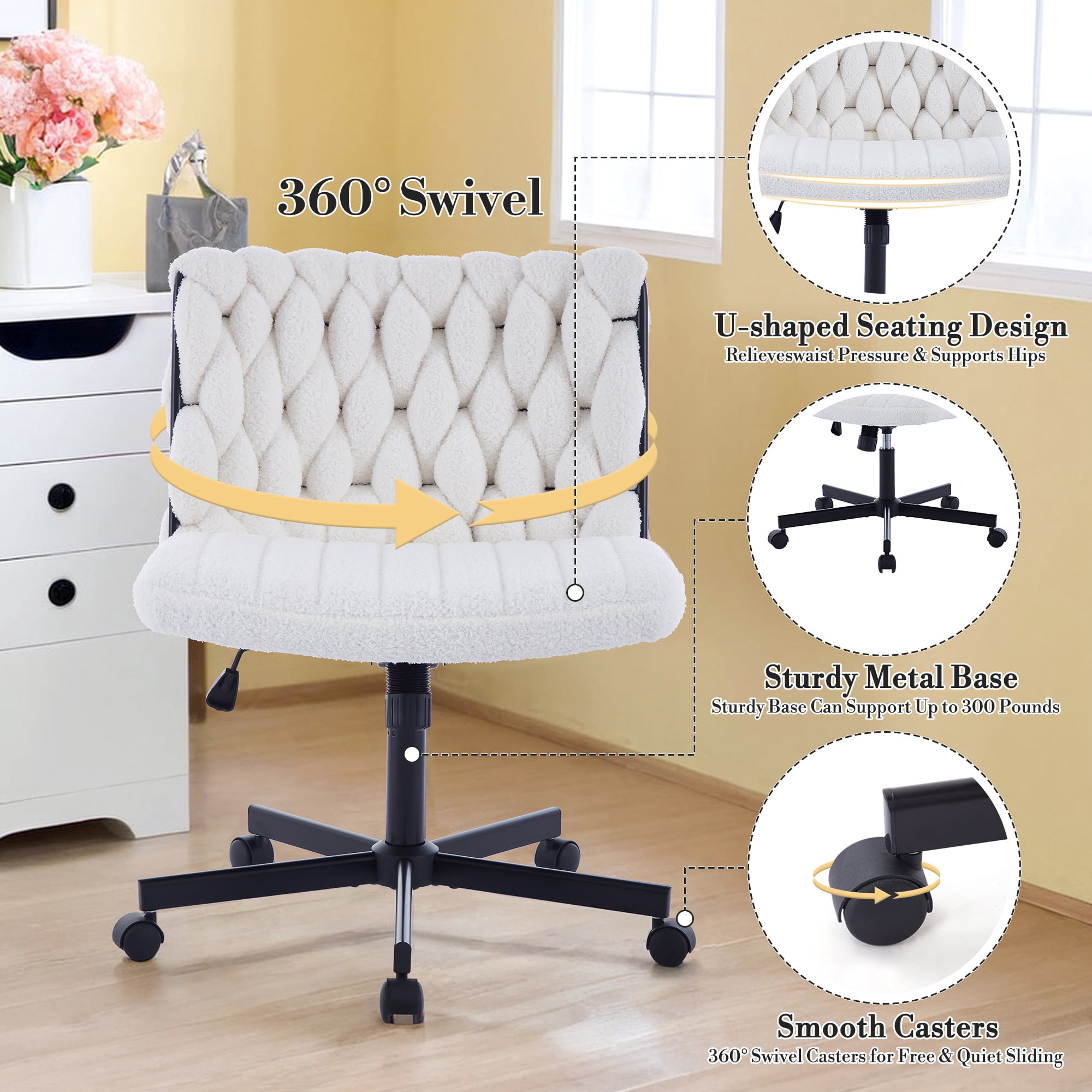 Modern Criss Cross Chair, Extra Wide Office Chair with Adjustable Height and 360° Swivel Casters, Ergonomic Swivel Cozy Desk Chair for Home Office Work - 300lbs Capacity