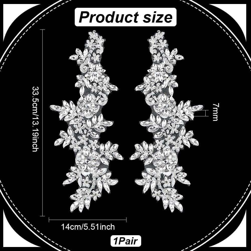 1 Pair Beaded Rhinestones Clothing Appliques Patch Sewing Beads Stones Trim lace Patches Handmade Silver Flower Rhinestones Beaded Patches for Wedding Dress Decoration Clothes Accessory White