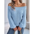 thumbnail image 5 of Crochet Tops for Women Off the Shoulder Sweaters Summer Long Sleeve Hollow Out Knit Beach Clothes Blue L, 5 of 8