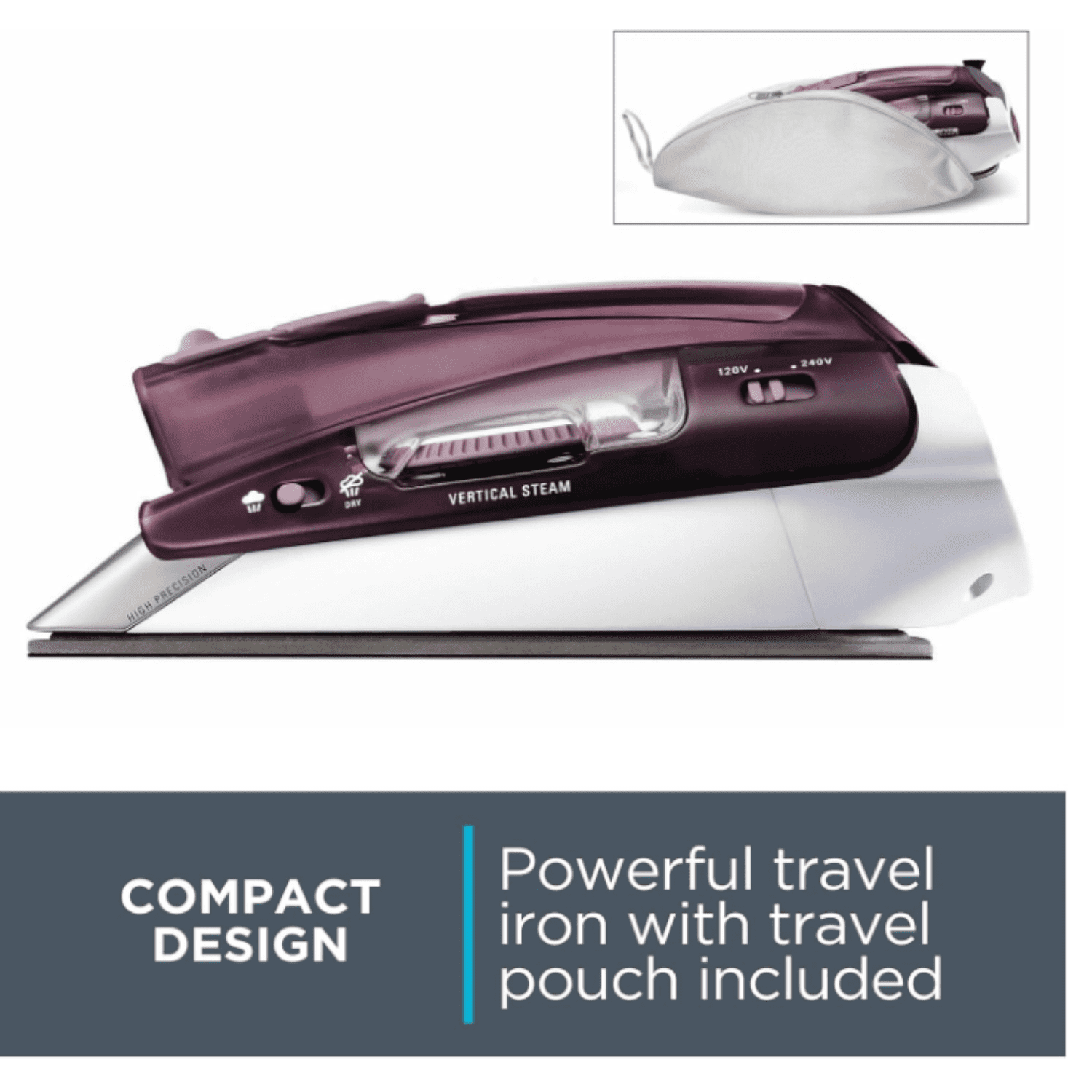 Travel Iron, Pro Compact Stainless Steel Soleplate Hand Held Steamer Iron for Clothes, 200 Microsteam Holes, 1000 Watts Ironing, Fabric Steamer, Dual Voltage, Mini Iron, Purple, DA1560