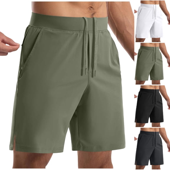 Havenre Men's Side Split Workout Shorts with Zipper Pockets Lightweight Casual Drawstring Elastic Waist Basketball Gym Running Athletic Short Pants White XL