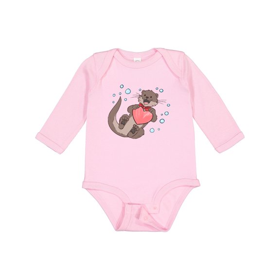 Inktastic Cute Smiling Valentine's Day Otter with Heart Boys or Girls Long Sleeve Baby Bodysuit