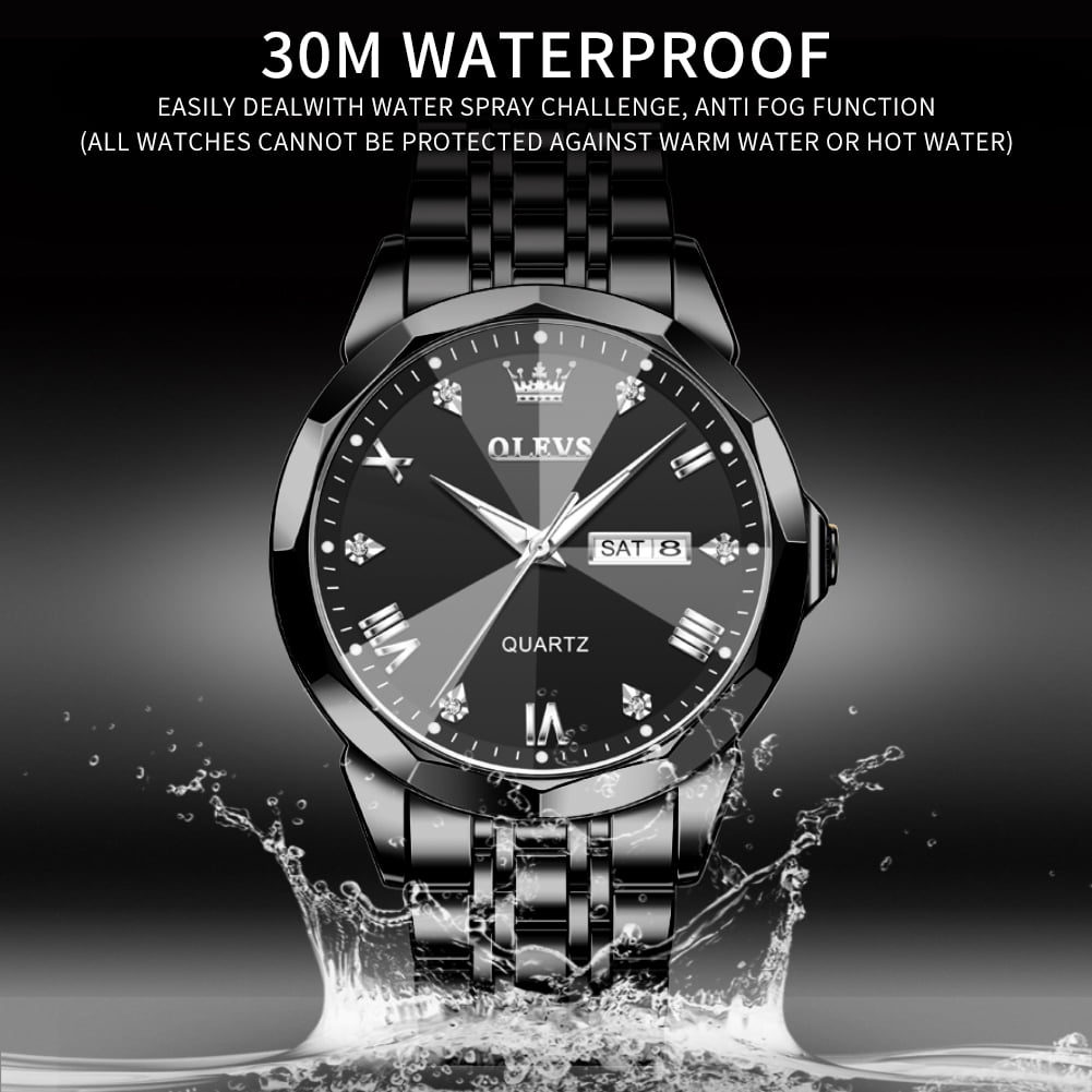 OLEVS Watch for Men Diamond Business Dress Analog Quartz Stainless Steel Waterproof Luminous Date Luxury Casual Wrist Watch Black Dial
