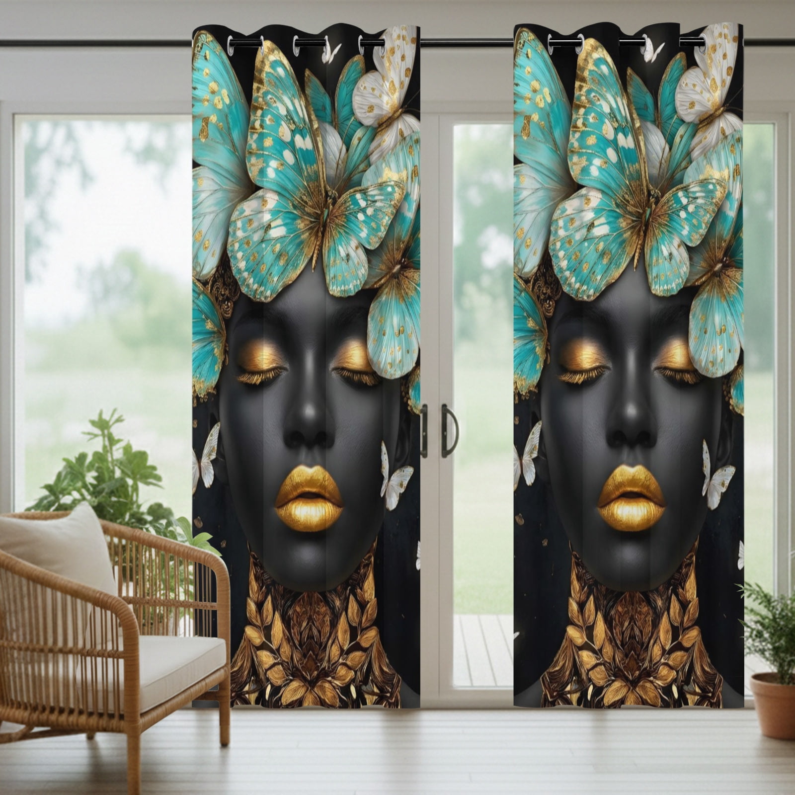 African American Outdoor Curtains for Patio, Woman Portrait Butterfly Luxury Sunshade Privacy Drapes Grommet Waterproof Outside Curtains for Porch/Cabana/Balcony 54"x 108", 1 Panel