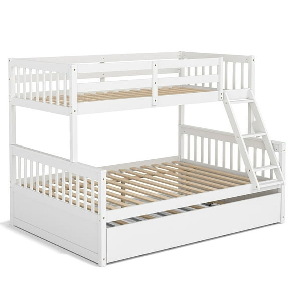 Gymax Twin Over Full Bunk Bed with Twin Trundle Convertible Platform Bed White