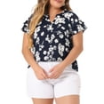 thumbnail image 2 of DARING DIVA Women's Plus Floral Print Ruffle Trim V Neck Blouse 1X Navy Blue, 2 of 6