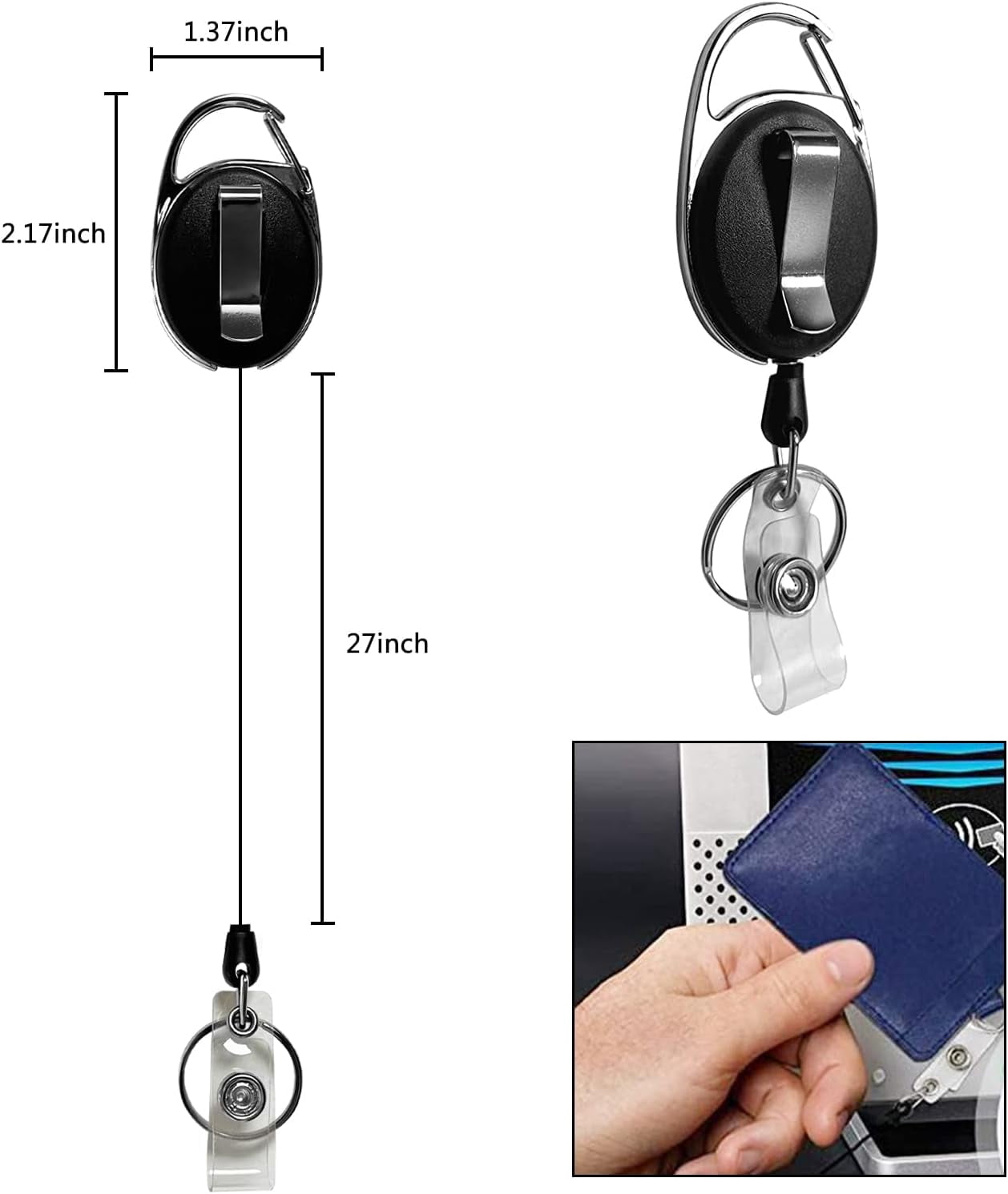 20 Pack Retractable Badge Holder with Carabiner Reel Clip, Bulk ID Card Key Holder with Ring, Heavy Duty Black Key Chain Extender for Office Work Employee