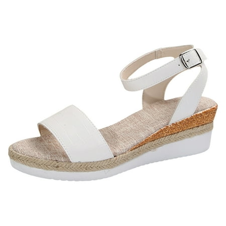 

Ediodpoh Ladies Fashion Summer Solid Leather Open Toe Buckle Thick Sole Slope Heel Roman Sandals Comfortable Sandals for Women White 7.5(39)