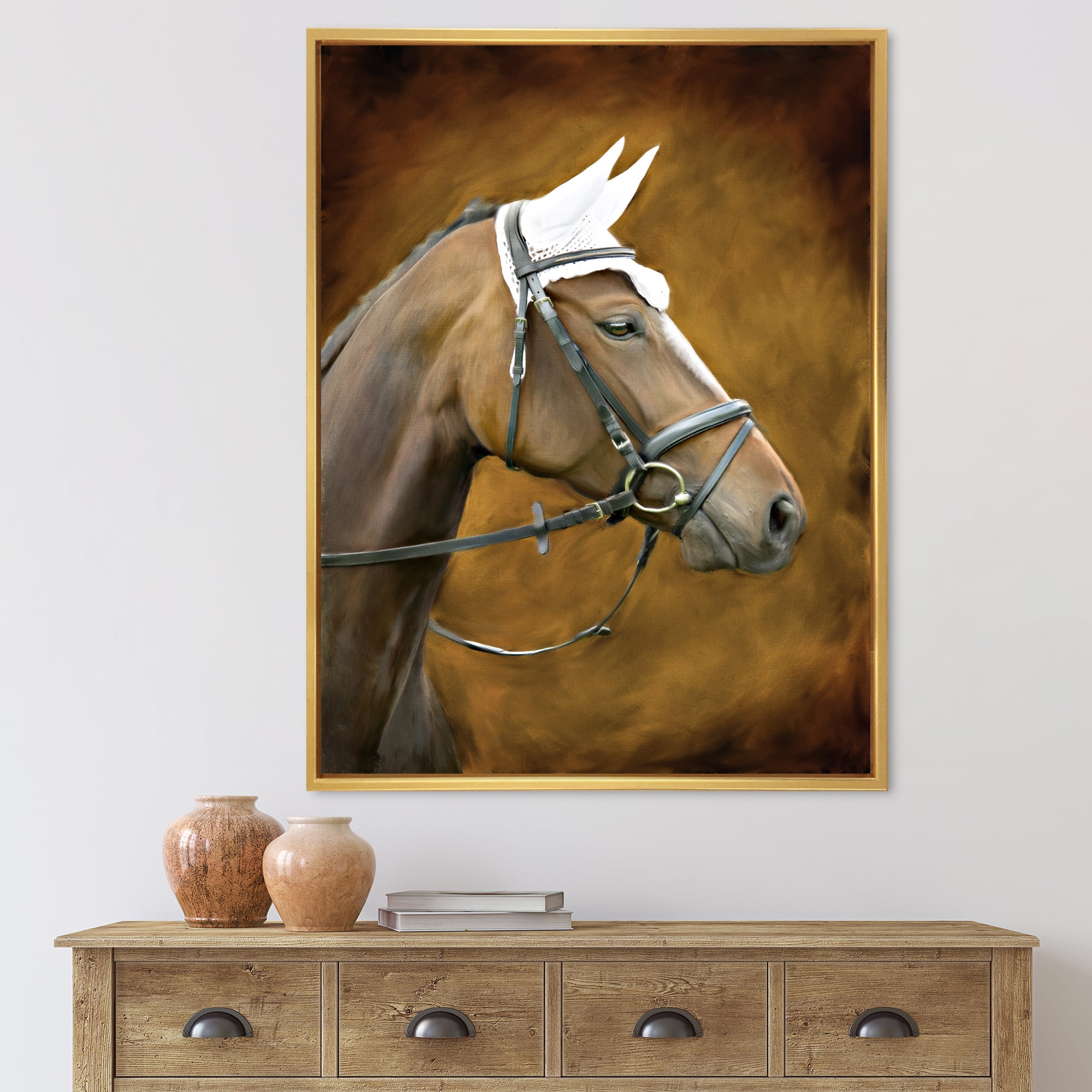 Close Up Portrait Of Brown Horse With White Ears 24 in x 32 in Framed Painting Canvas Art Print, by Designart