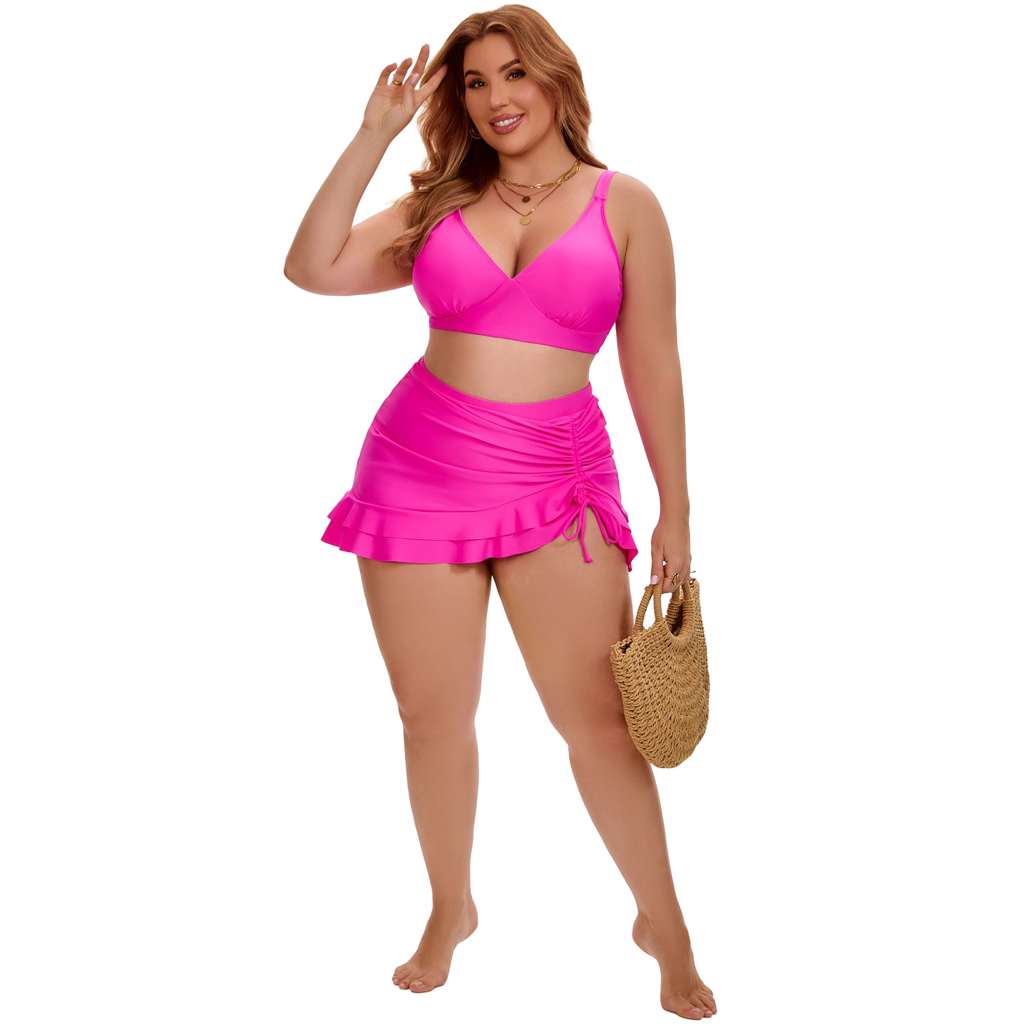DARING DIVA Women's Plus with Retro Gingham High Waisted Bikini 2X Hot Pink