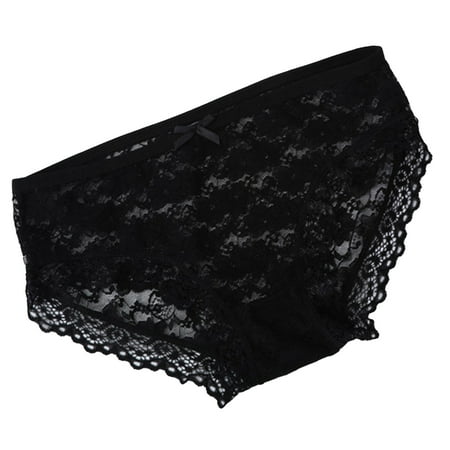 opvise Women Panties Mid Waist Breathable Stretch Hollow Bowknot Soft See-through Lace Sexy Ladies Briefs Black XL