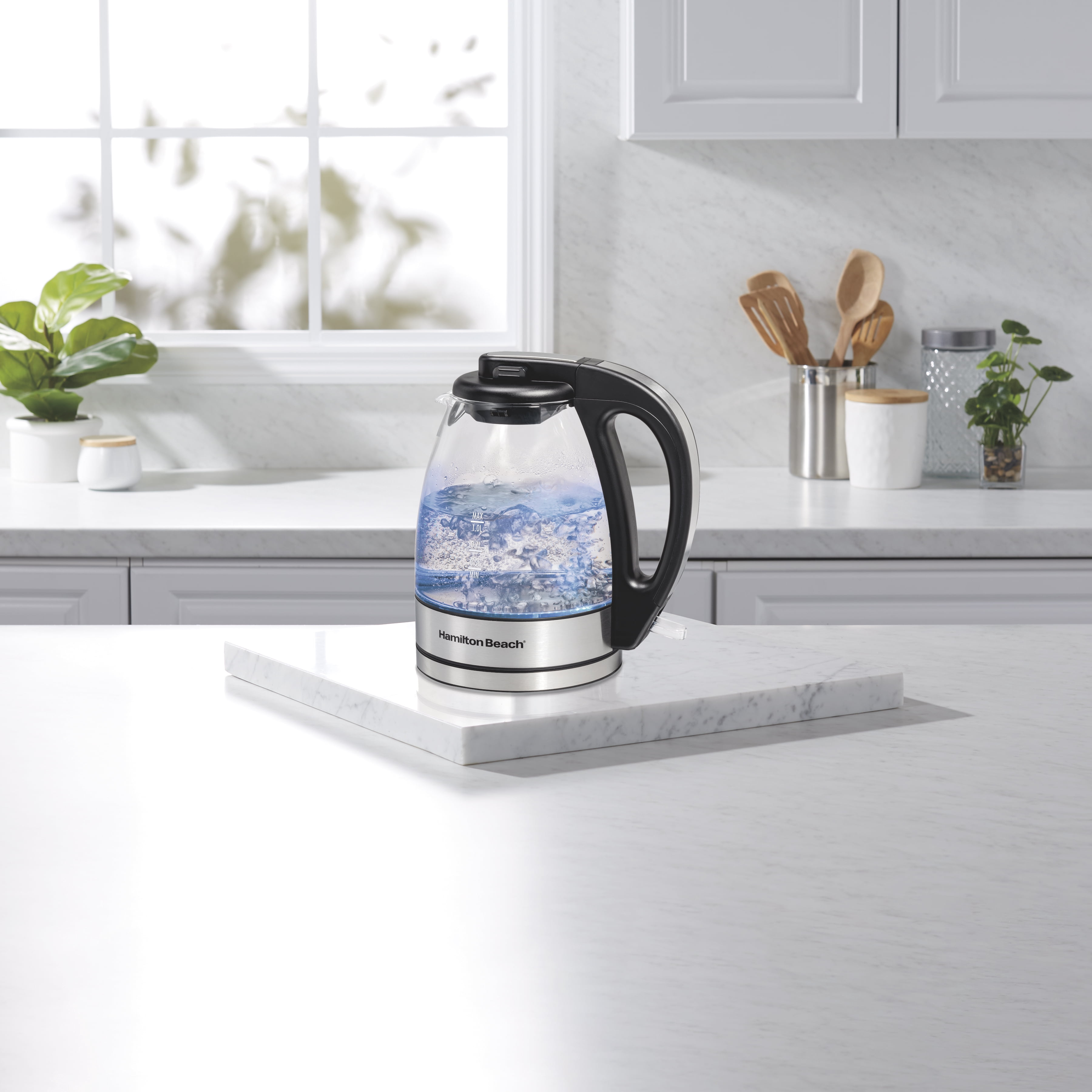 Hamilton Beach Electric Glass Kettle, 1 Liter Compact Cordless Electric Kettle with Soft Blue LED Illumination, 1500 Watts, 40930JC