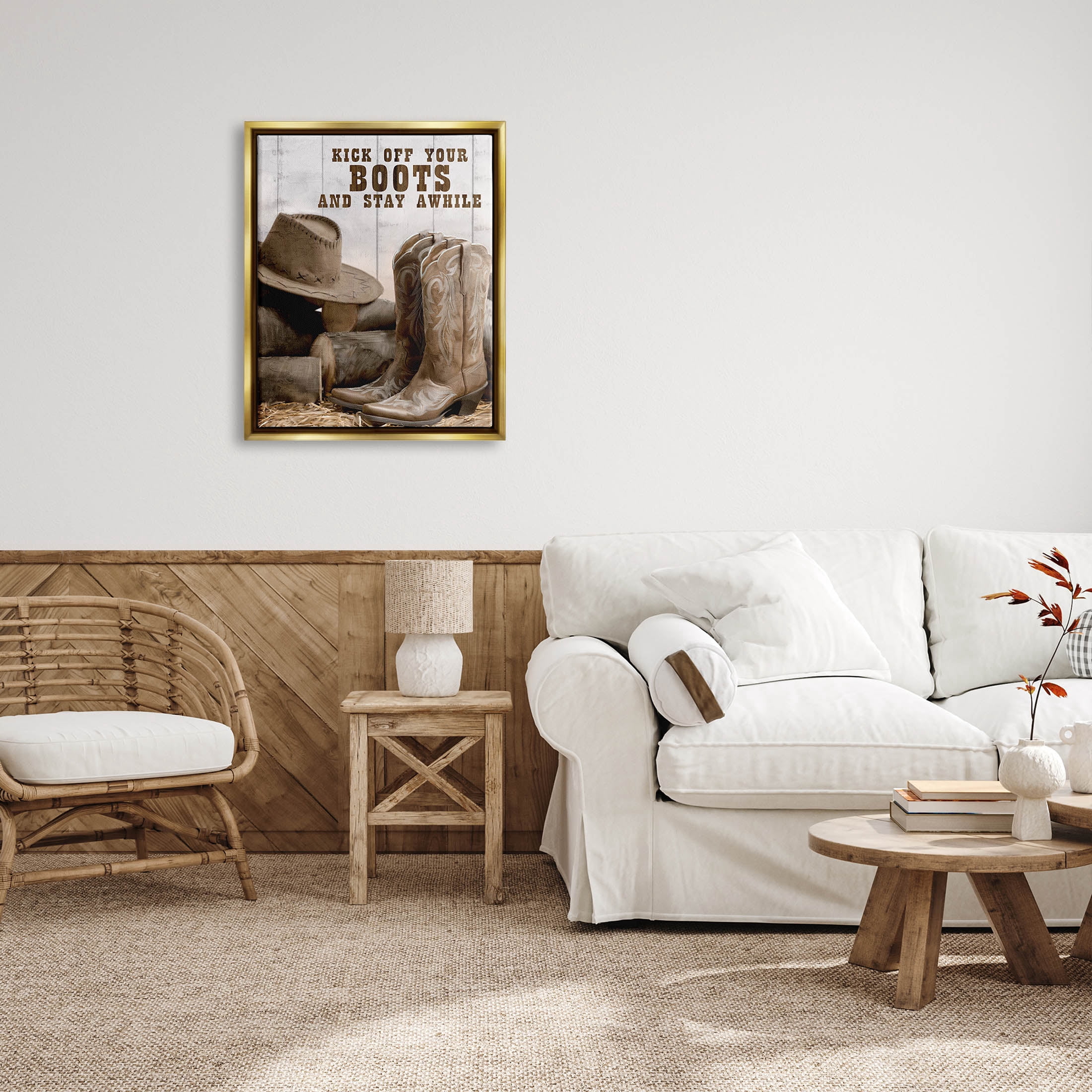 Kick Off Boots Stay Awhile Phrase Inspirational Graphic Art Metallic Gold Framed Art Print Wall Art