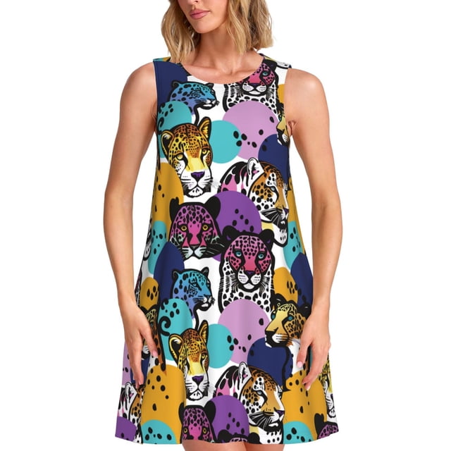 Vsdgher Robes d'Été Rétro à Imprimé Panthère pour Femmes, Robe de Plage Décontractée à Col en U, Sans Manches, Ample, avec Poche