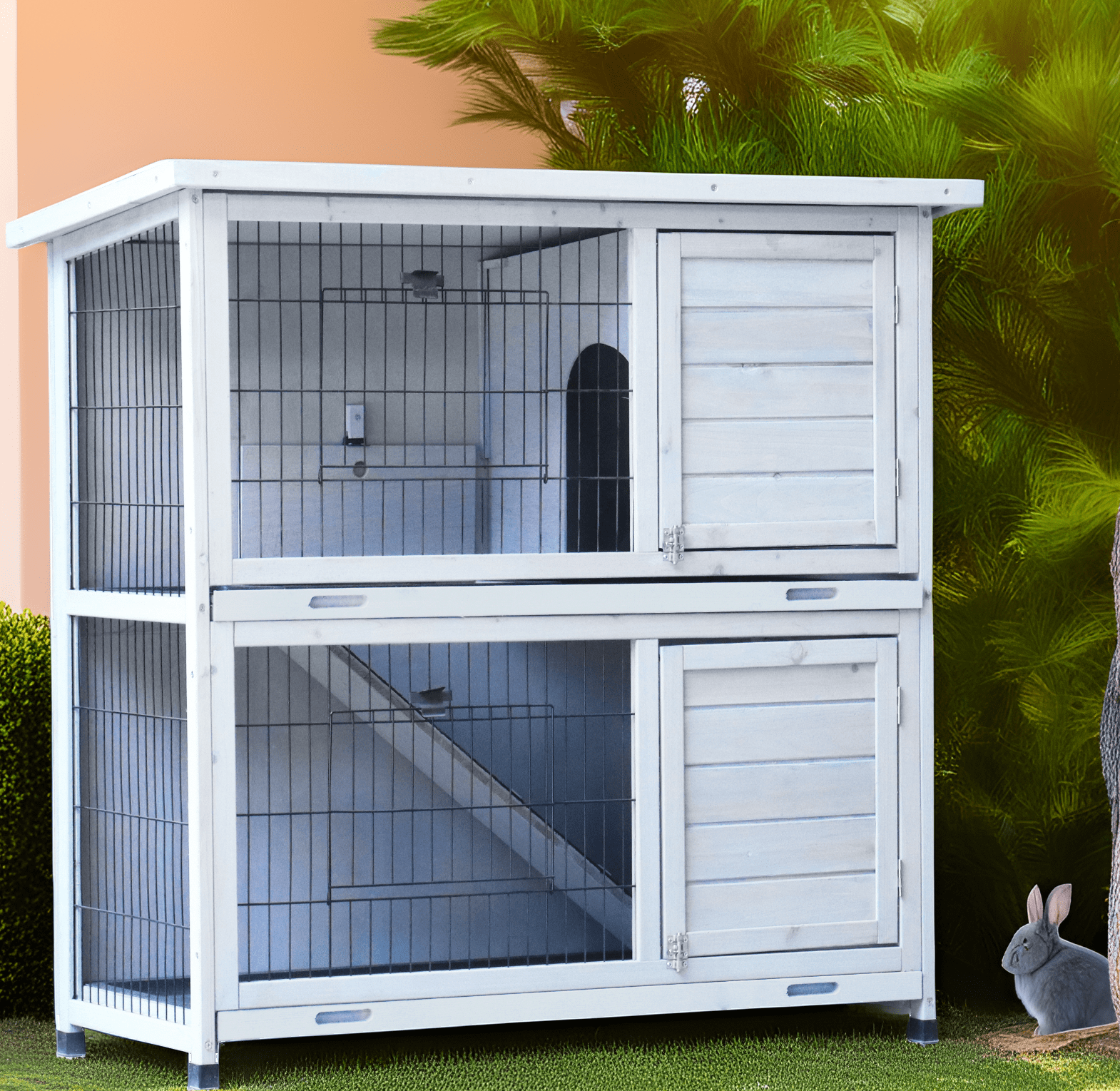 Anykoon Rabbit Hutch Outdoor, Fence, for Small Animals , 2-Story Rabbit Cage Indoor with Run, Bunny Cage with 2 Removable No-Leak Trays, Pet Cages with Non-Slip Ramp, Waterproof Roof