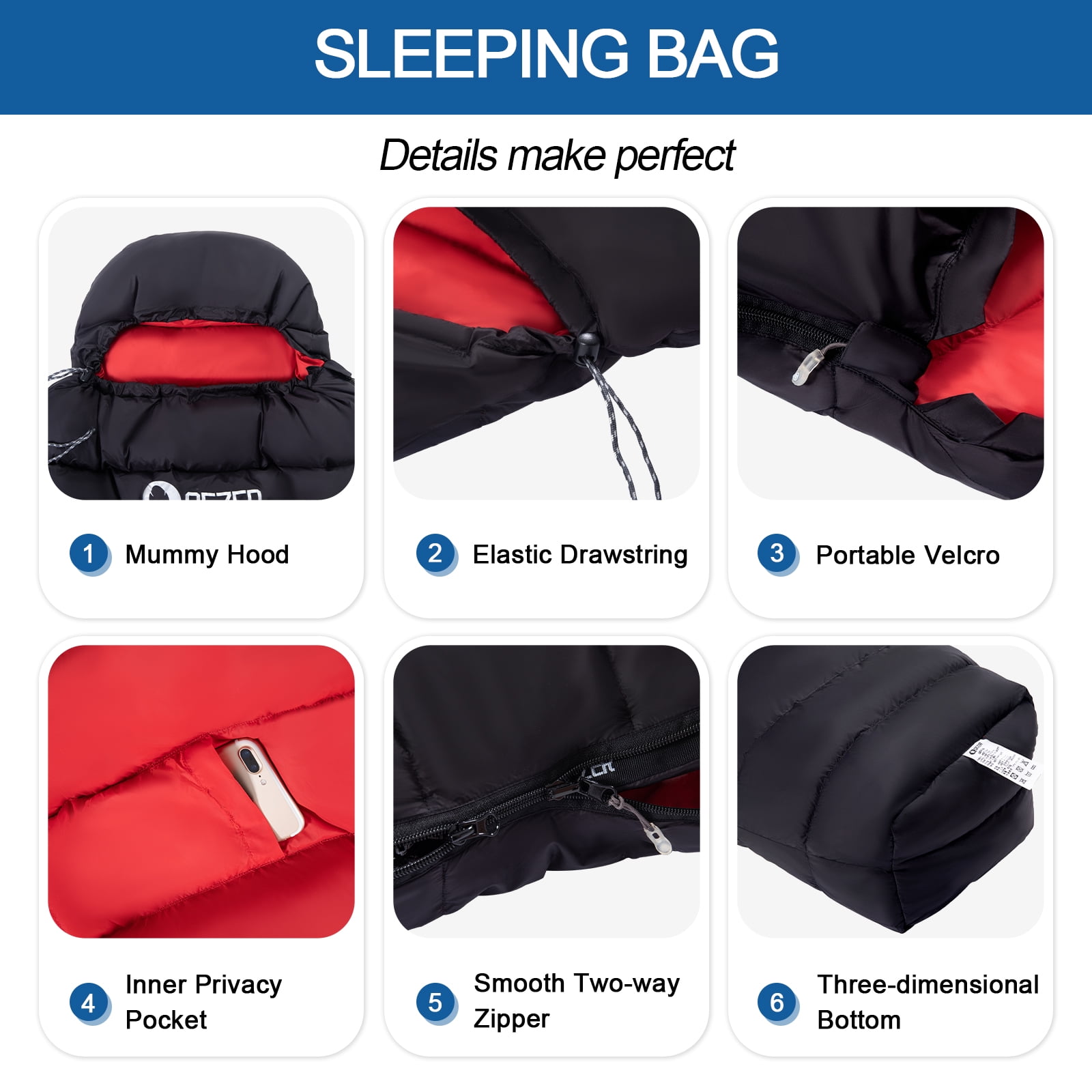 QEZER Ultralight Down Mummy Sleeping Bag for Adults 37-59 Degree F,Backpacking, Hiking and Camping