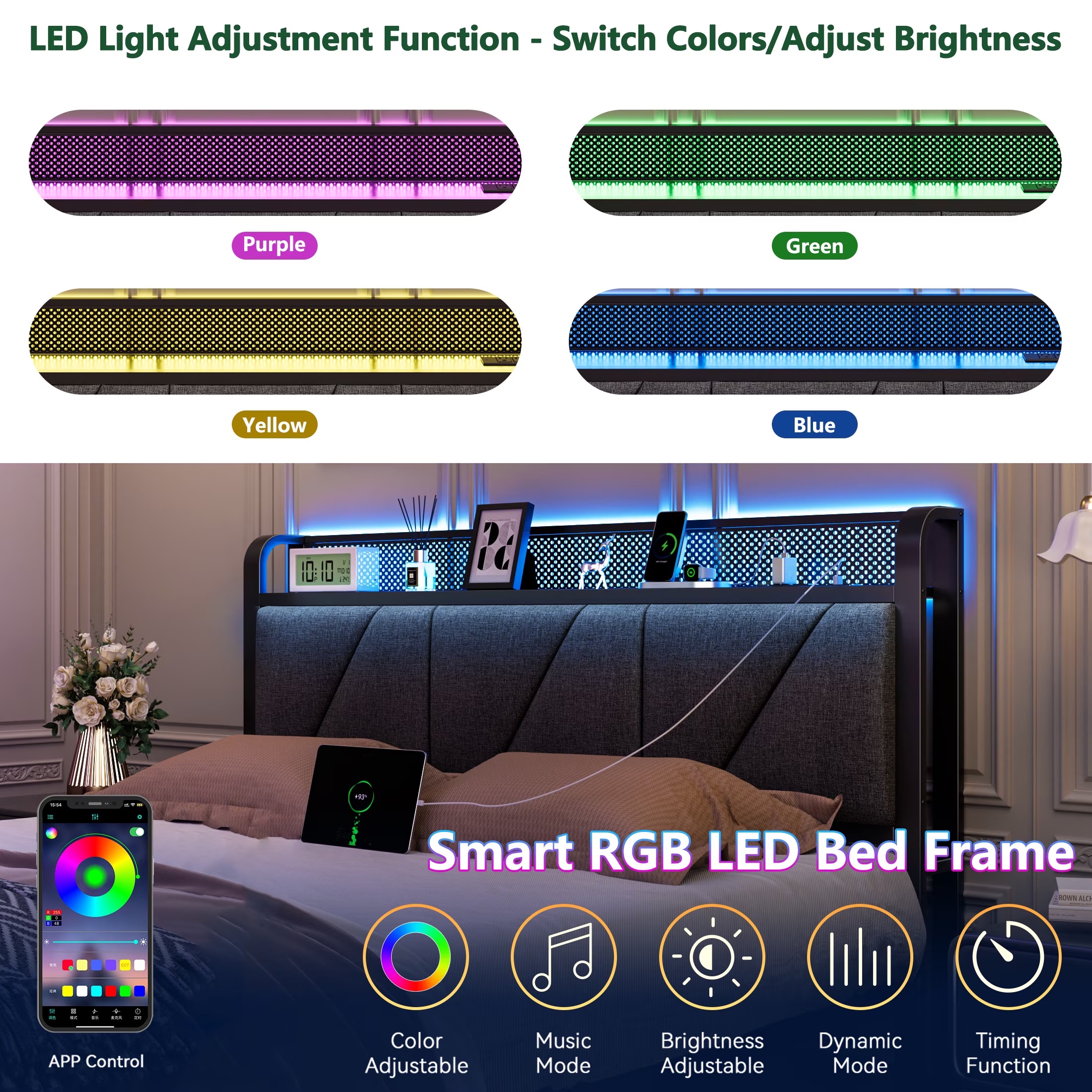 Satifur Queen Bed with Storage Drawers, LED Lights & Charging photo 3