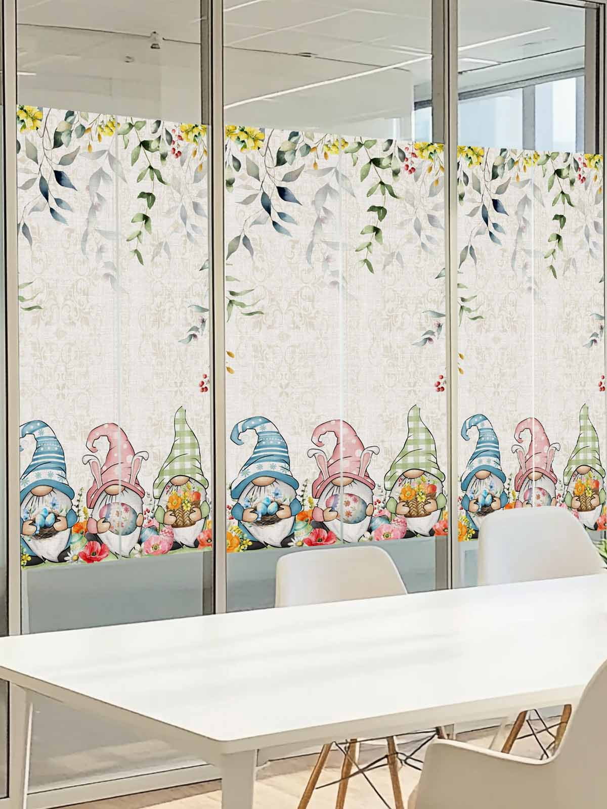 Easter Gnomes Window Privacy Film, Spring Floral Leaf Botanical Gnomes Colorful Egg Linen Texture Frosted Glass Window Clings Static Cling Heat Blocking Reusable Sticker for Bedroom 35.4x78.7 Inch