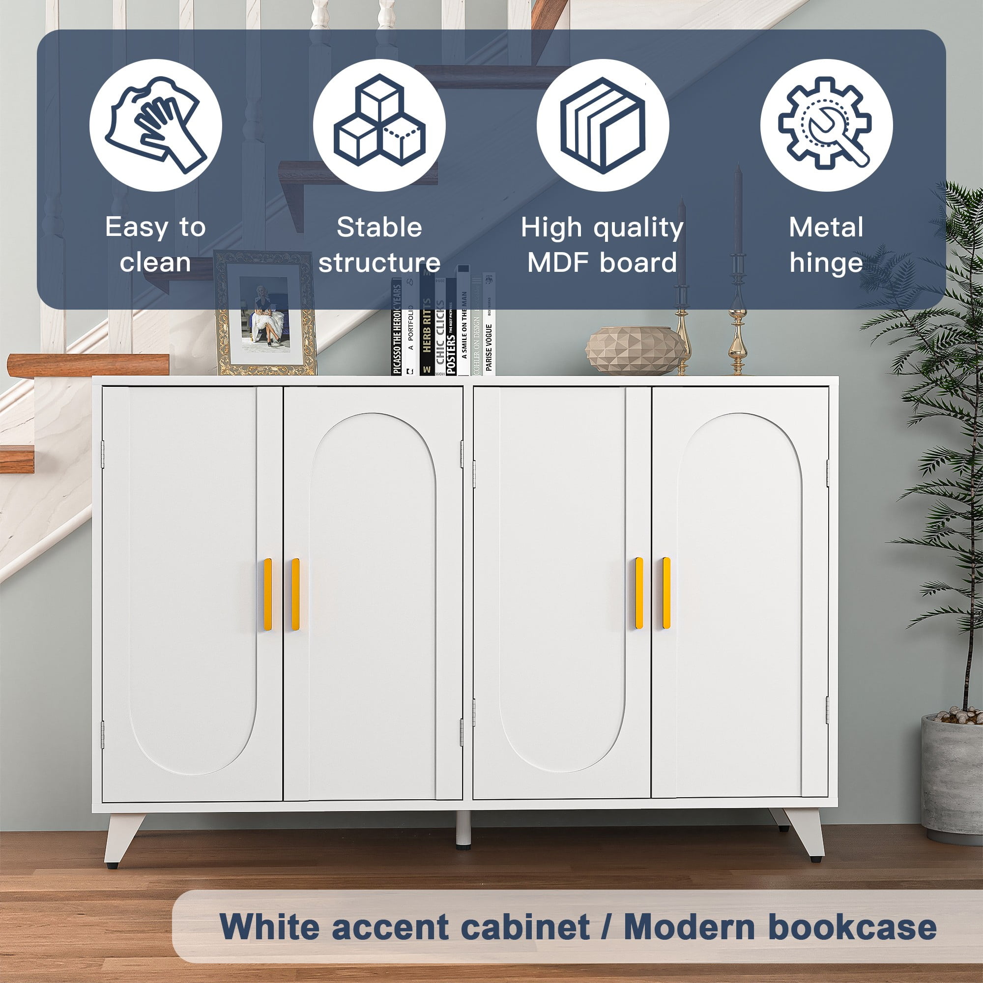 Finihen Sideboard Buffet Cabinet with 4 Doors, Removable Shelves, for Living room, Dining room, Entryway, White