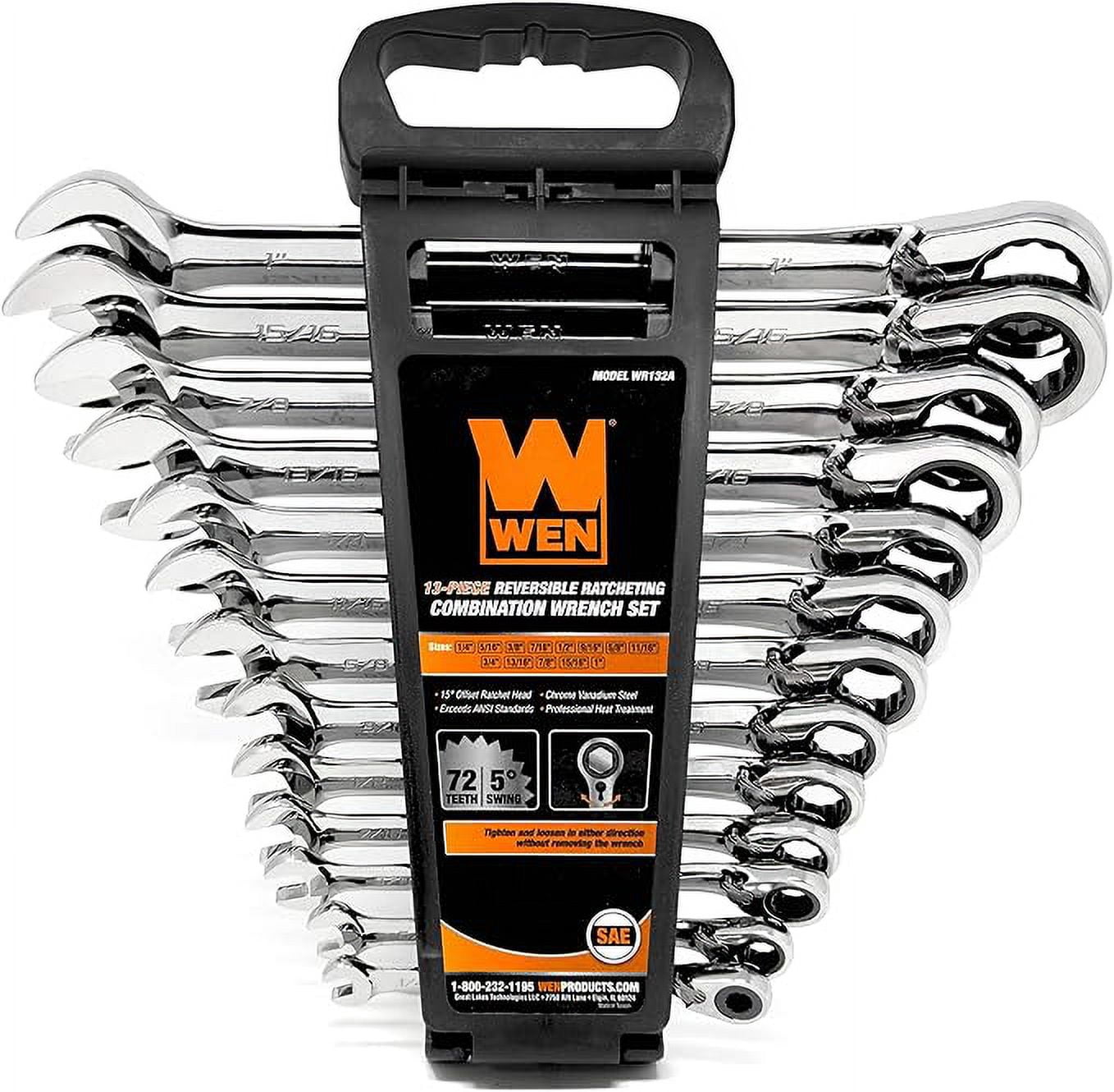 WEN 13-Piece Professional-Grade Reversible Ratcheting SAE Combination Wrench Set with Storage Rack