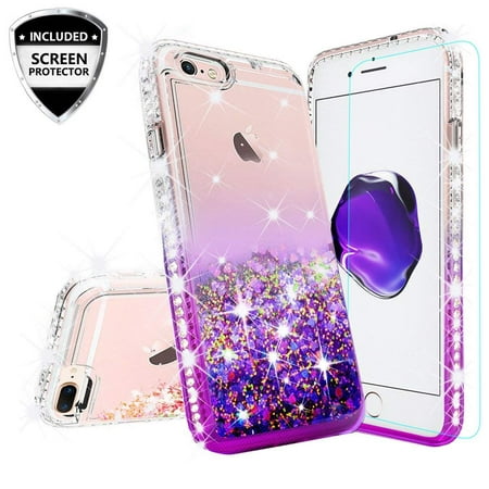 Case for iPhone SE 2020/iPhone 8 /iPhone 7 Cute Liquid Glitter Bling Quicksand w/[Tempered Glass] Shock Proof Phone Case for Girls Women for Apple iPhone 7/8 Case - Clear/Purple