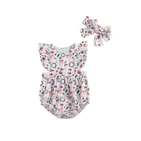 

Baby Girls Sister Romper Christmas Deer Print Fly Sleeve with Headband