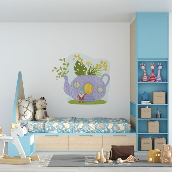 Removable Gnome Tea Pot House Decor Home Art Nursery Vinyl Wall Decal | 21" x 28" Adhesive Kids Bedroom Living Room Treasure Guardian Mythological Dwarf Creature Design Wall Decoration Sticker