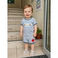 thumbnail image 3 of BemeyourBBs Toddler Baby Boys Back to School Outfit Kids Kindergarten Outfit Baby Boy Summer Clothes Letters and Apple Embroidery Short Sleeve Striped T-Shirt and Pockets Shorts 2 Piece Set, 3 of 9
