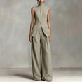 thumbnail image 2 of VBVC Women's Stand Collar Sleeveless 2 Piece Suit , Office Vacation Wide Leg Outfit For Women , Ladies' Split Hem Button Tracksuit with Pockets,Gray,S-2XL, 2 of 7
