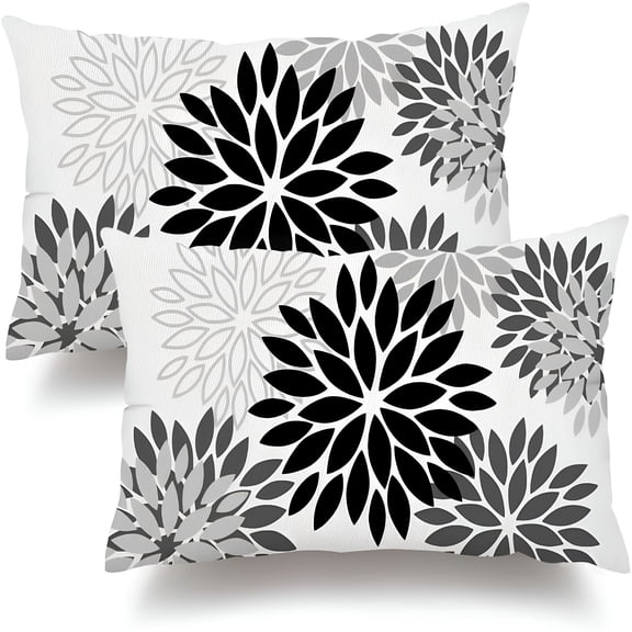 AUQ 2026 New Black Grey Flower Pillow Covers 12X20" Set of 2 White Gray Colored Throw Pillows Outdoor Waterproof Decor for Living Room Sofa Patio Furniture Garden Floral Polyester Pillow Covers