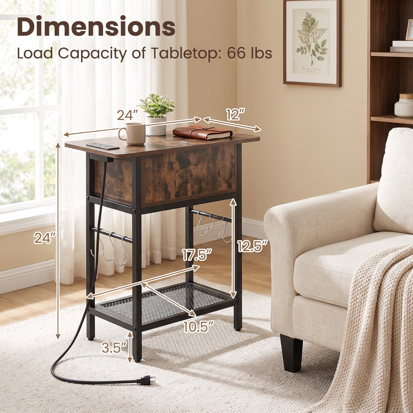 Furnibear Set of 2 End Table with Charging Station and Hidden Compartment USB Type C Ports and Bottom Shelf for Living Room Bedroom, Rustic Brown
