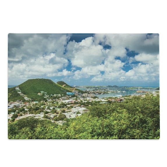 Dutch Cutting Board, Cityscape Photo of Philipsburg Capital City of Sint Marteen Island from Antilles, Decorative Tempered Glass Cutting and Serving Board, in 3 Sizes, by Ambesonne