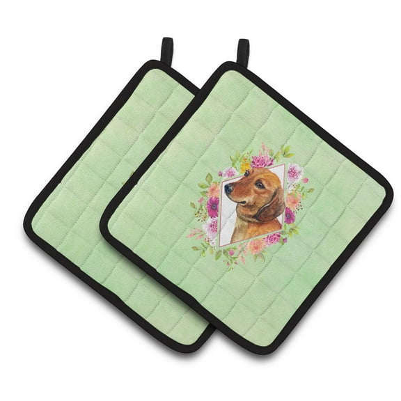 Dachshund Red #1 Green Flowers Pair of Pot Holders