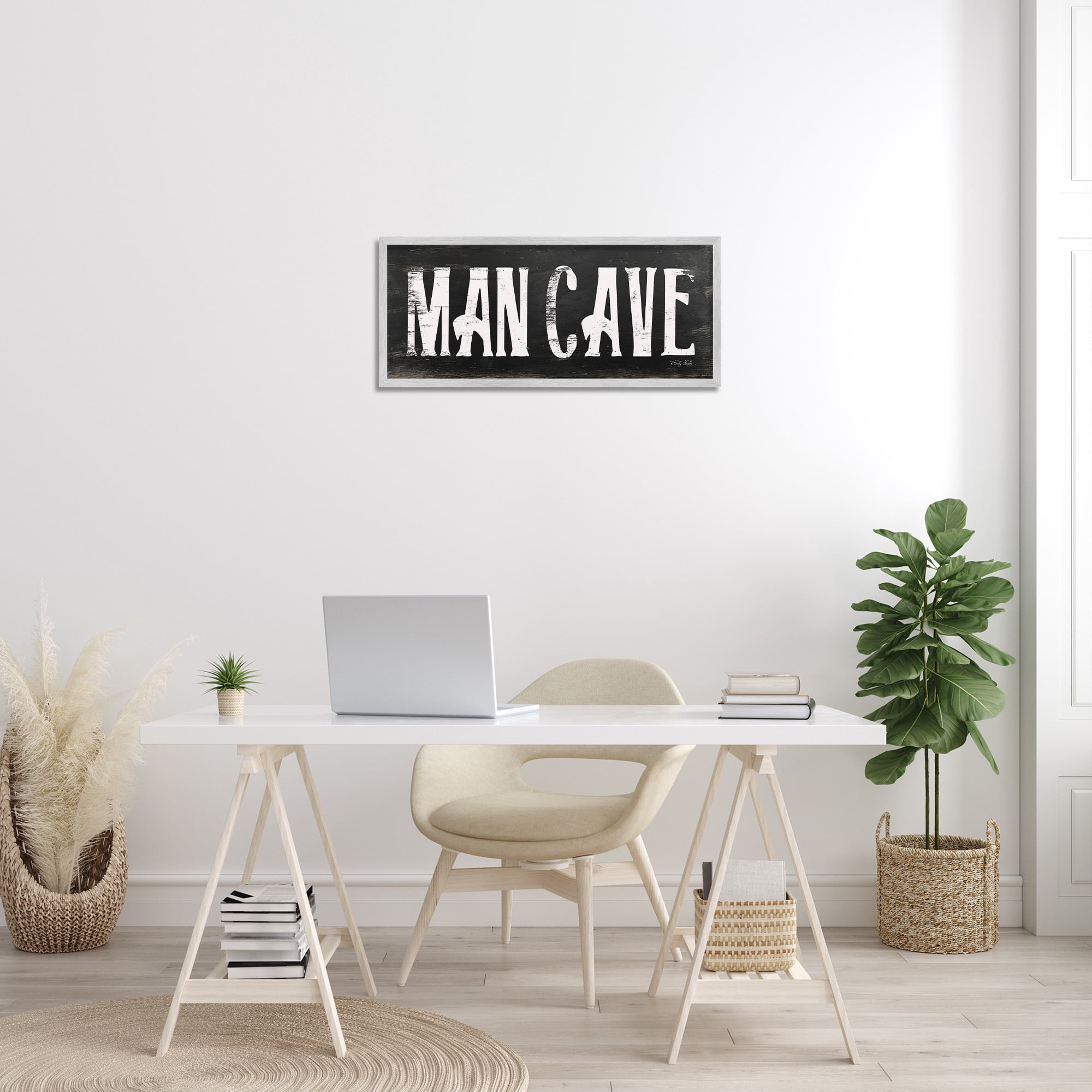 Stupell Industries Man Cave Black And White Typography Painting Gray Framed Art Print Wall Art, 30 x 13