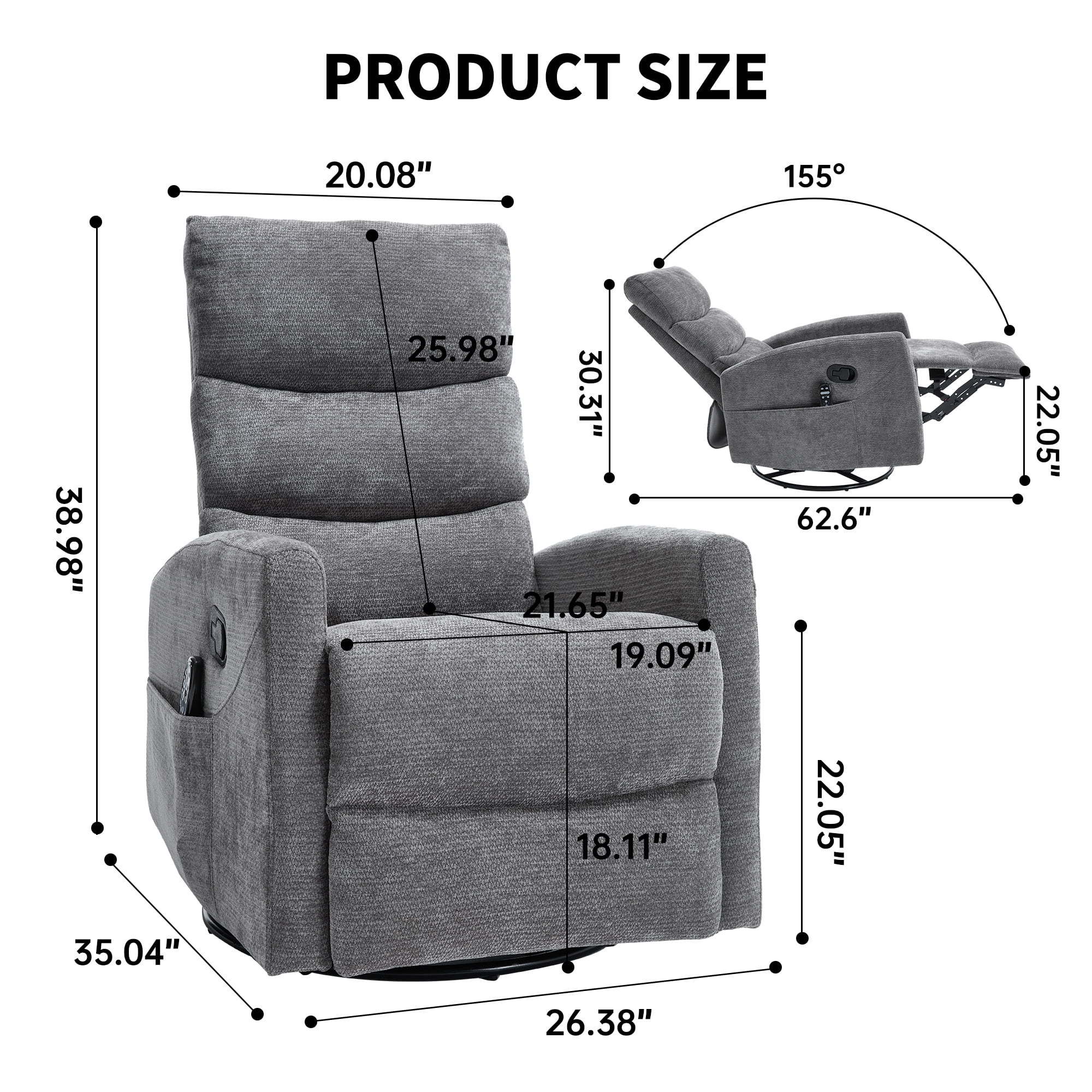 Aukfa 360° Swivel Recliner Rocking Chair with Massage and Heat for Living Room & Nursery, Chenille, Gray