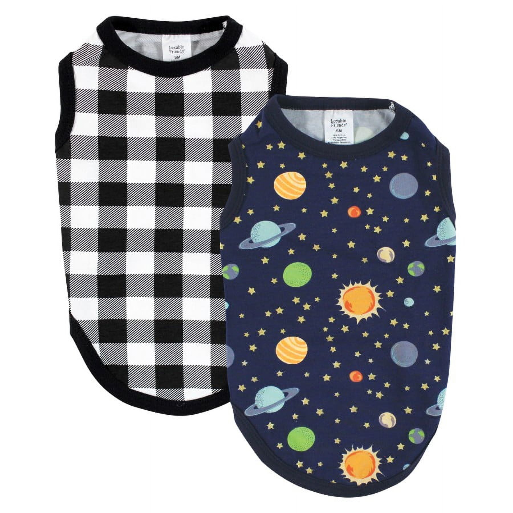 (2 pack) Luvable Friends Dog Pet Dog and Cats Cotton T-Shirts 2pk, Space Plaid, Large