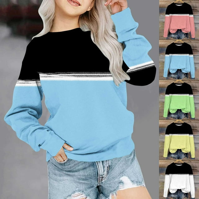 MKOSPLRT Girls' Sweatshirts Crew Neck Lounge Pullover Tops Long Sleeve Color Block Sweat Shirts Cute Fall Sweatshirts 1-12 Years