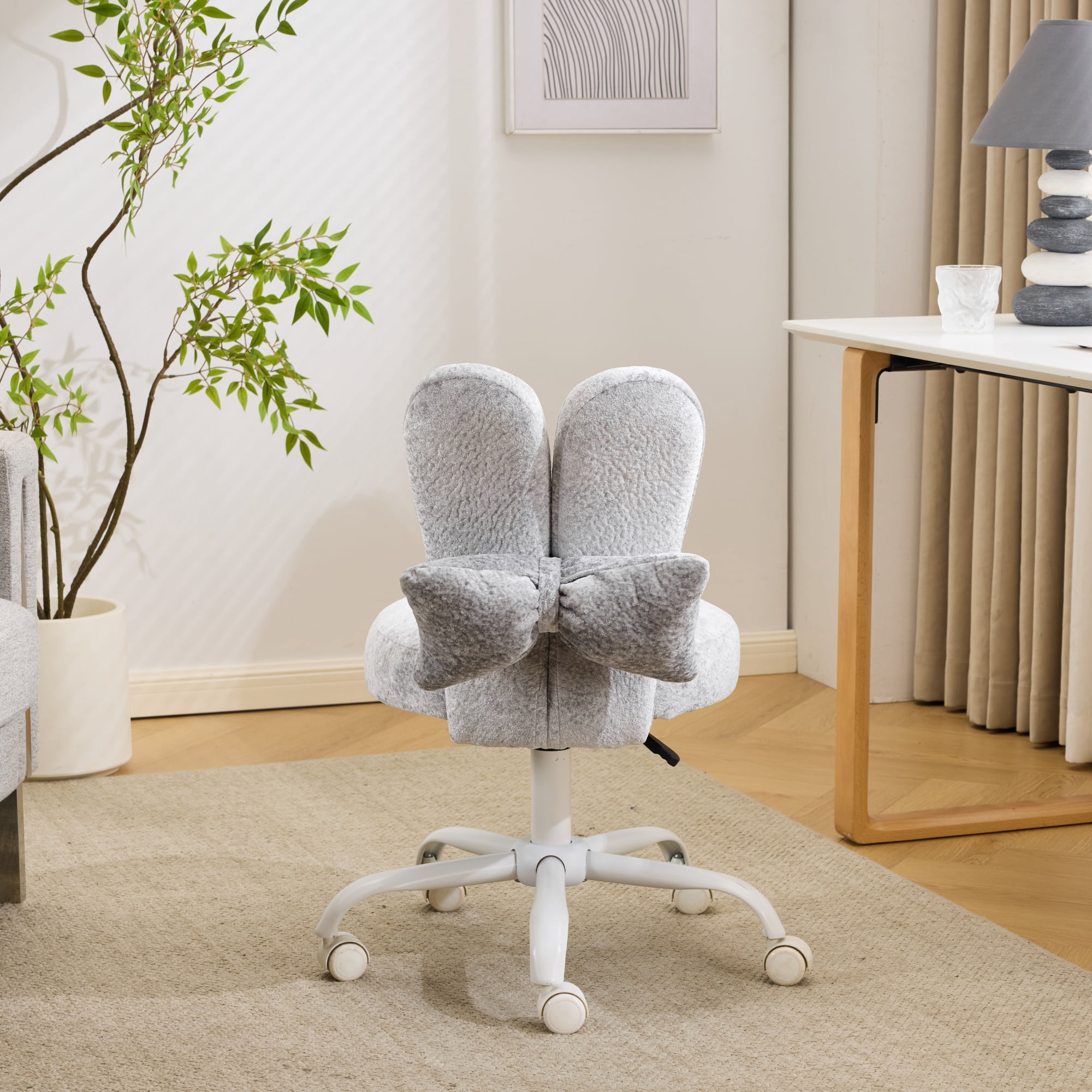 Ktaxon Plush Velvet Office Chair, Rabbit Ear Backrest Vanity Chair, Adjustable Swivel Reading Chair for Home Office Gray