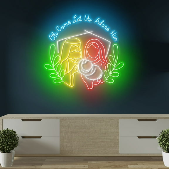 Craftnamesign Oh Come Let Us Adore Him Neon Light Signs, Nativity Scene LED Wall Décor