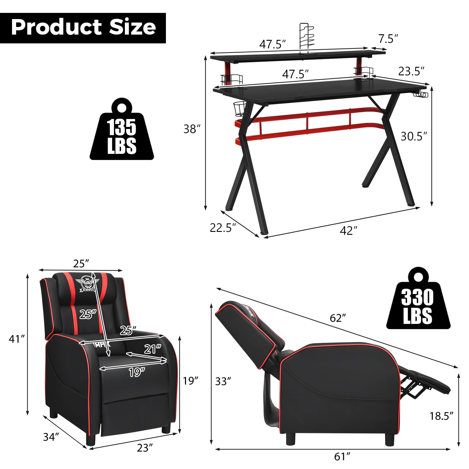 Costway Gaming Desk & Chair Set 48'' Computer Desk & Massage Recliner Chair Black + Red