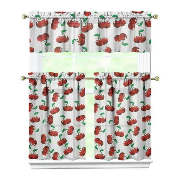 Cherry Kitchen Curtains Set Tier and Valance, Cute Sweet Red and Pink Fruit Print, Aesthetic Cherry Lovers Pattern with Candy Art Illustration for Kitchen or Dining Room
