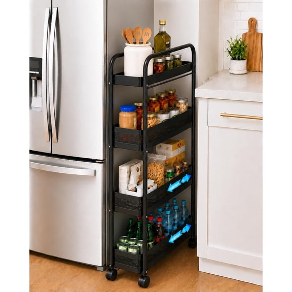 Vonieion 4 Tier Slim Storage Cart,Bathroom Organizer Rolling Utility,Mobile Shelving Unit Utility Cart for Kitchen, Bthroom,Makeup,Craft,Laundry Narrow Places,Behind The Door,Black