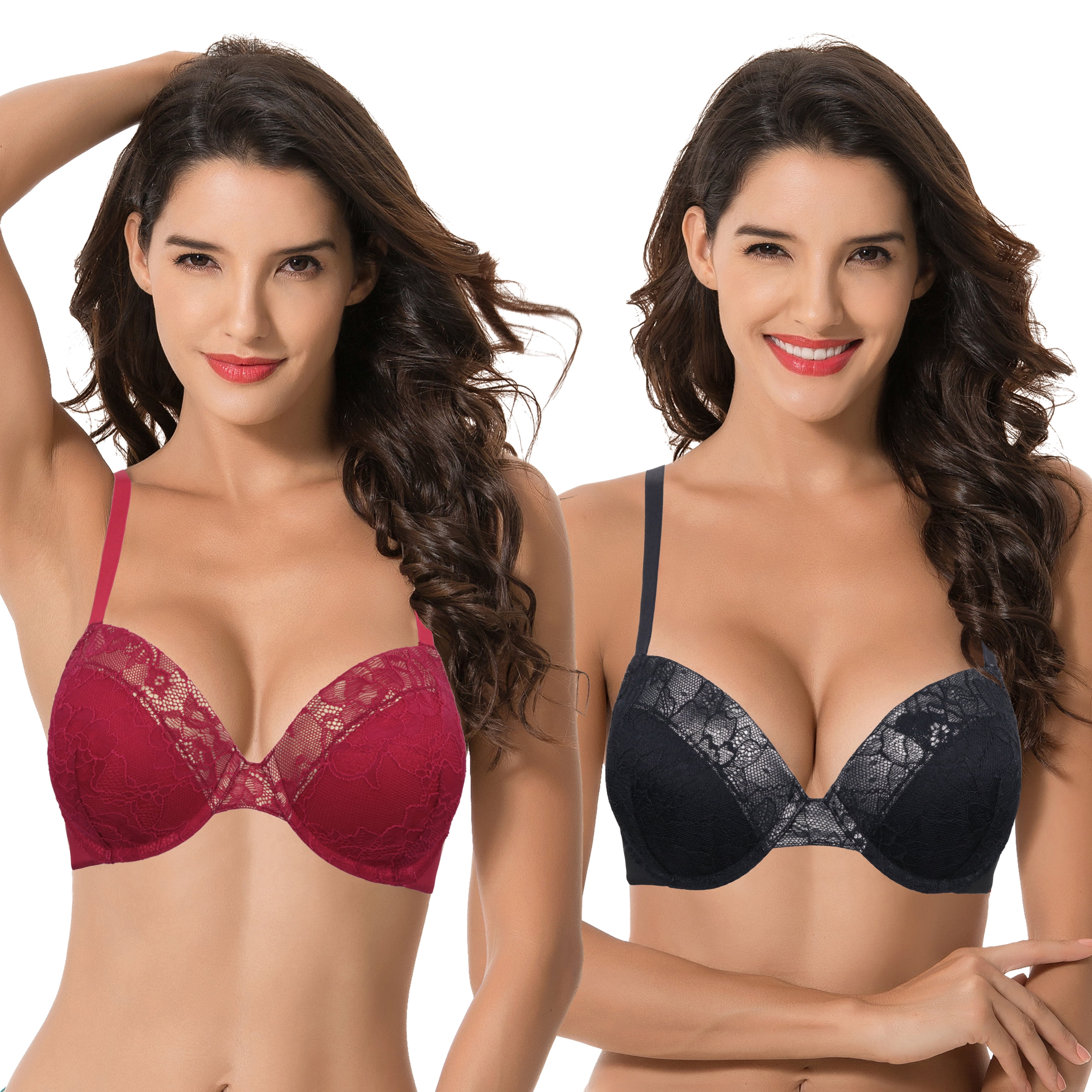 Curve Muse Women's Plus Size Push Up Add 1 Cup Underwire Perfect Shape Lace  Bras-2Pk-Black/Red,Powder Silver-40D 