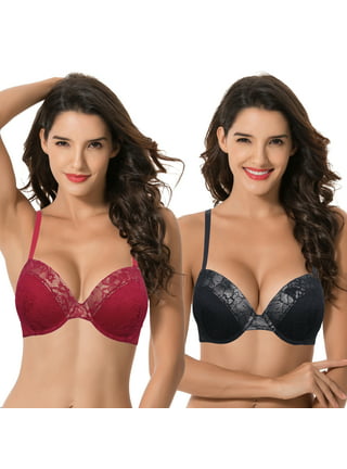 Curve Muse Women's Plus Size Minimizer Lace Full Coverage Unlined Wireless  Bra-2Pack-Red,Black