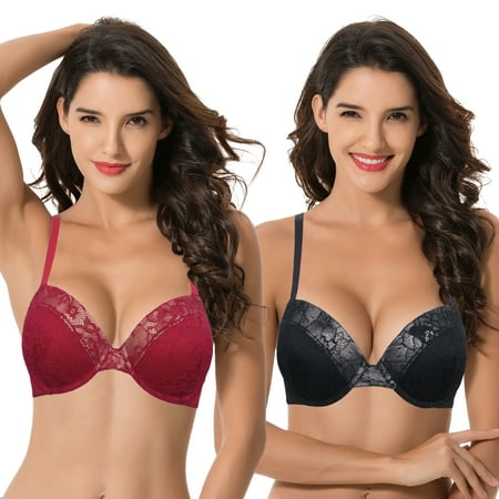 

Curve Muse Women s Plus Size Add 1 and a half Cup Push Up Underwire Lace Bras -2PK-BLACK RED-48D