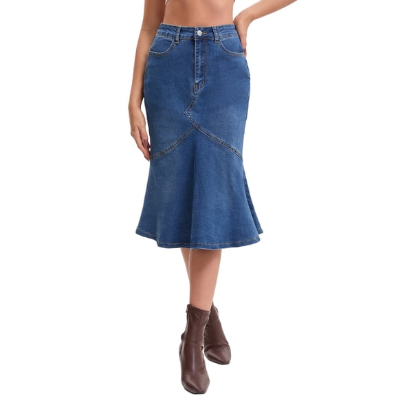 INSPIRE CHIC Women's Bodycon Fishtail Denim Skirt High Waisted Ruffled Knee Length Jean Skirt S Blue